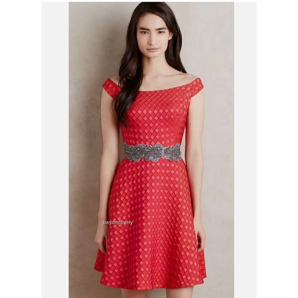Anthropologie Red Midi Dress with Silver Accents